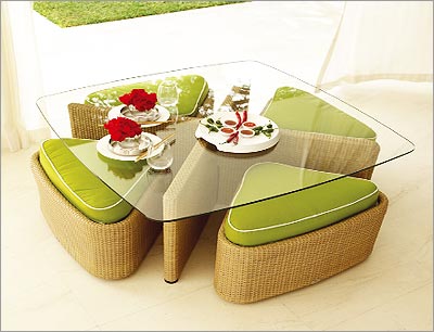 Glass Coffee Table & Wicker Chair Cushions