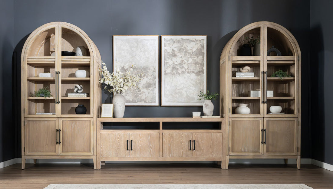 Matching arched hutches in living room